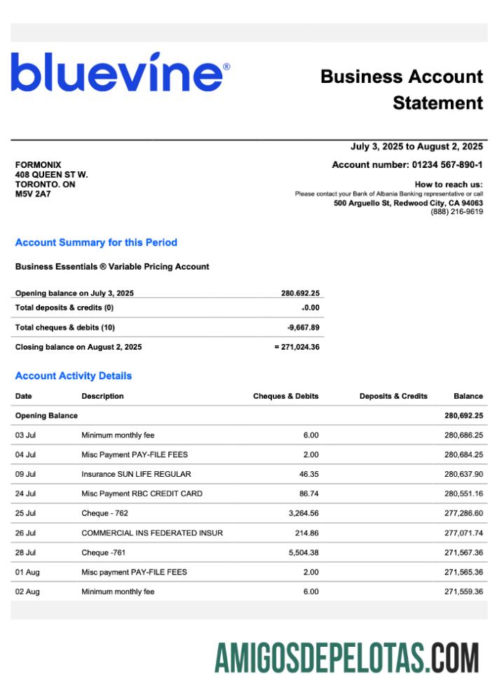 Em branco EUA Califórnia BlueVine Business Checking modelo de extrato de conta Word e PDF